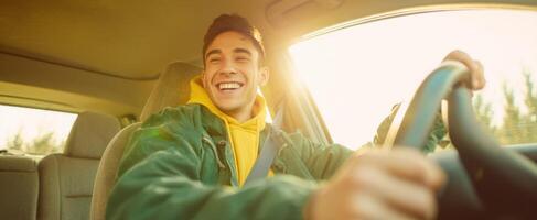 The joyful young driver enjoying a sunny day on the road. photo