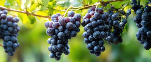 The lush clusters of ripe grapes glistening in the sunlight on a vine photo
