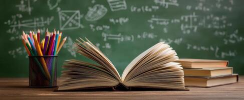 The open book surrounded by colorful pencils on a classroom desk. photo