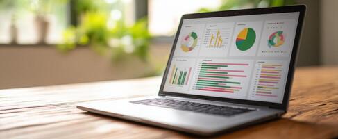 The laptop displaying colorful analytics and data visualizations in a modern workspace. photo