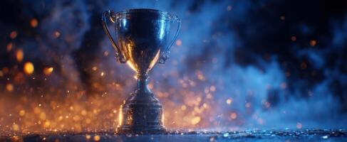 The trophy gleaming amidst flames and sparks in a dramatic setting. photo