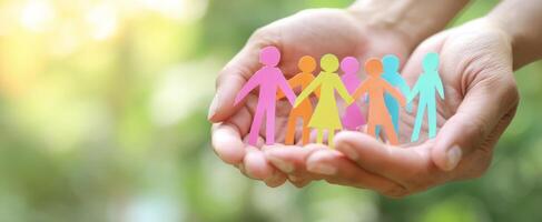 The colorful paper figures representing unity and community in hands. photo