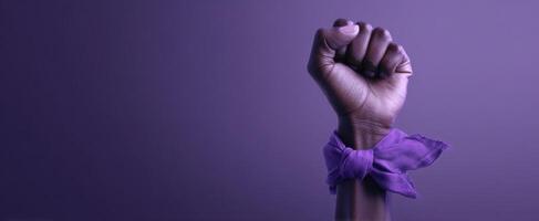 The raised fist symbolizing empowerment and solidarity in a vibrant purple setting. photo