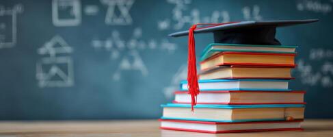 The stack of colorful books topped with a graduation cap on a desk. photo