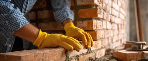 The skilled worker laying bricks with careful precision in a construction site. photo