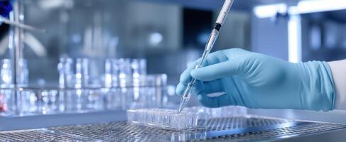The precise application of liquid using a pipette in a modern laboratory setting. photo