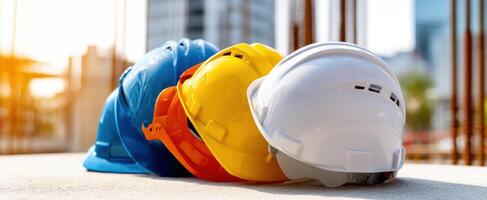 The collection of colorful hard hats stacked on a construction site. photo