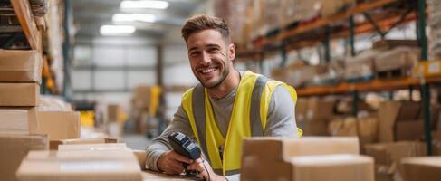 The smiling warehouse worker scanning packages in a busy distribution center. photo