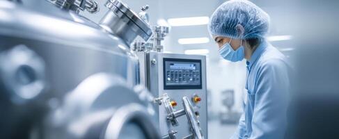 The focused scientist operating advanced laboratory equipment in a cleanroom setting photo