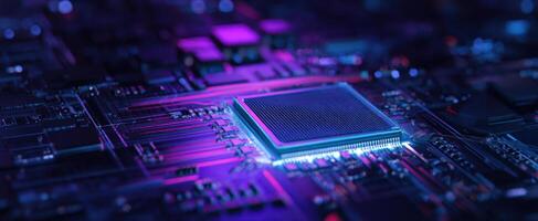 The microchip illuminated on a high-tech circuit board with vibrant colors. photo