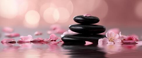 The tranquil stacked stones amidst pink petals floating on serene water photo