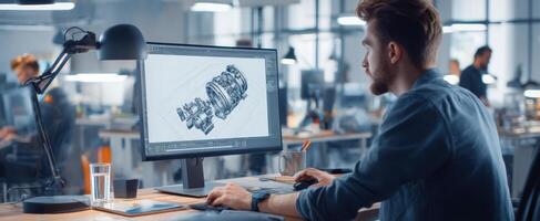 The engineer designing a detailed CAD illustration on a modern computer screen. photo