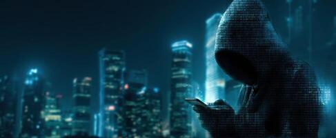 The hooded figure in the neon-lit city using a smartphone at night. photo