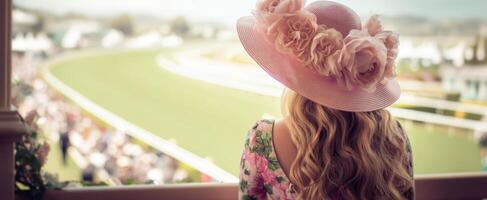 The woman with a floral hat enjoying the horse racing event. photo