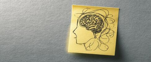 The creative sketch of a brain on a yellow sticky note. photo