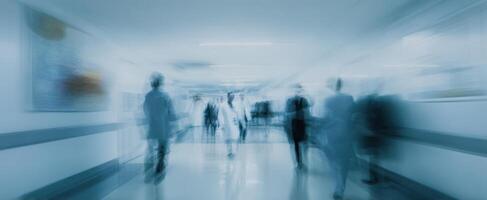 The blurred movement of healthcare professionals in a busy hospital corridor. photo