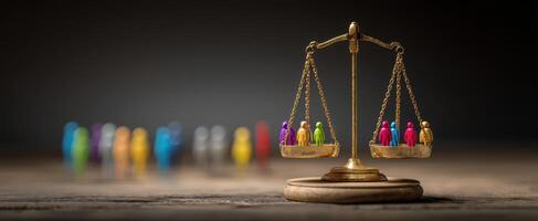 The Balancing Scales with Colorful Figurines Representing Justice and Equality photo