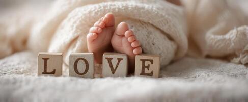 The precious baby feet beside wooden blocks spelling love. photo