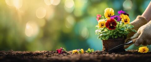 The vibrant potted flowers beautifully arranged in a sunny garden setting. photo