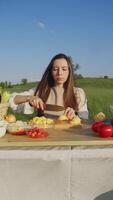 A young woman is sitting in the countryside, in a field, at a table, slicing potatoes for a picnic. Vertical. Portrait. video