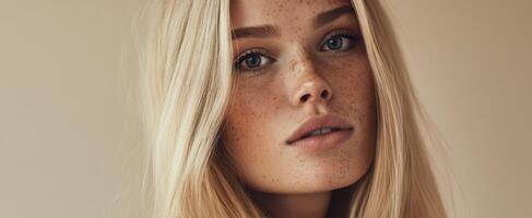 The captivating portrait of a young woman with beautiful freckles. photo