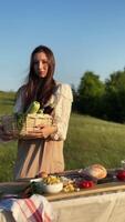 Beautiful young woman poses for photo shoot, holding basket of fresh, ripe vegetables in natural setting. She is dressed in rustic clothing and stands in field. video