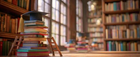 The Graduation Cap Sitting on a Stack of Colorful Books in a Cozy Library photo