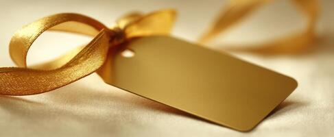 The golden gift tag with a luxurious ribbon for special occasions. photo
