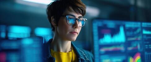 The focused woman analyzing data in a modern technology workspace. photo