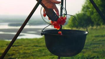 While hiking in mountains, chef prepares meal over campfire. They add sliced tomatoes to pot of soup or stew, which simmers on tripod against backdrop of picturesque summer landscape. video