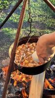 While cooking over campfire, chef adds diced potatoes to mushroom soup in pot suspended on tripod, against backdrop of summer landscape. high angle video