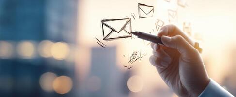 The drawing of emails with a pen in a modern business environment. photo