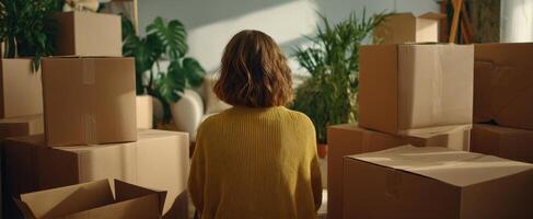 The woman surrounded by boxes reflects on her new beginnings in a cozy room. photo