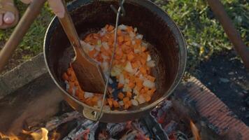 Using wooden spatula, chef mixes carrots and onions in cast-iron skillet during cooking. Mouth-watering fresh sliced vegetables will serve as base for vegetable stew or soup. video