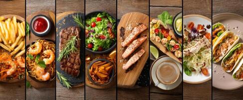 The vibrant assortment of delicious dishes on a rustic wooden table. photo