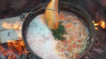Fragrant, creamy broth of a mushroom soup, simmered over a campfire, is enhanced with herbs, creating a delightful culinary experience. Top view. Close up. video