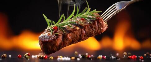 The perfectly grilled steak garnished with herbs and steam rising. photo
