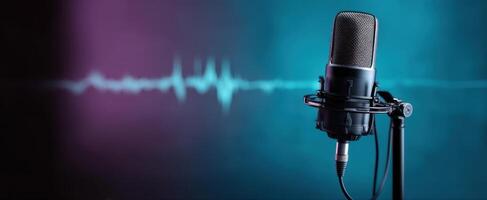 The microphone capturing sound waves in a colorful studio setting. photo