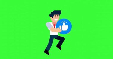 Businessman running with social media like icon on green screen background for digital content and marketing animation use video