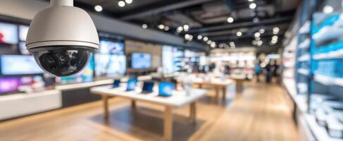 The surveillance camera monitoring a modern retail electronics store environment. photo