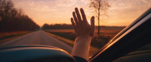 The hand waves joyfully from a moving car during a sunset drive. photo