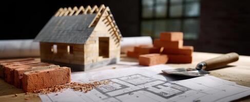 The house model showcasing blueprints and construction materials on the table. photo