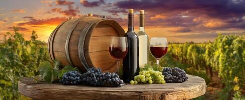 The wine barrel and glasses in a picturesque vineyard during sunset. photo