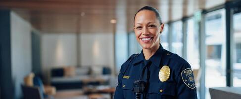 The confident police officer showcasing professionalism and community service in a modern environment. photo