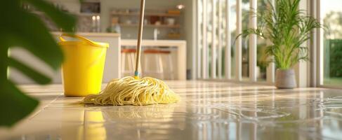 The bright yellow mop and bucket in a modern kitchen setting. photo
