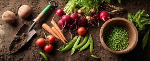 The fresh vegetables and gardening tools arranged on rich, dark soil. photo
