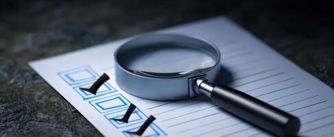 The magnifying glass over a checklist for detailed inspection and evaluation. photo