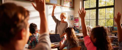 The teacher engaging students in a lively classroom discussion on a sunny day. photo