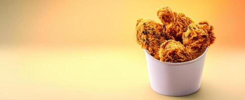 The deliciously crispy fried chicken in a white bucket. photo
