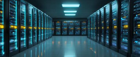 The modern data center featuring high-tech server racks and illuminating blue lights. photo